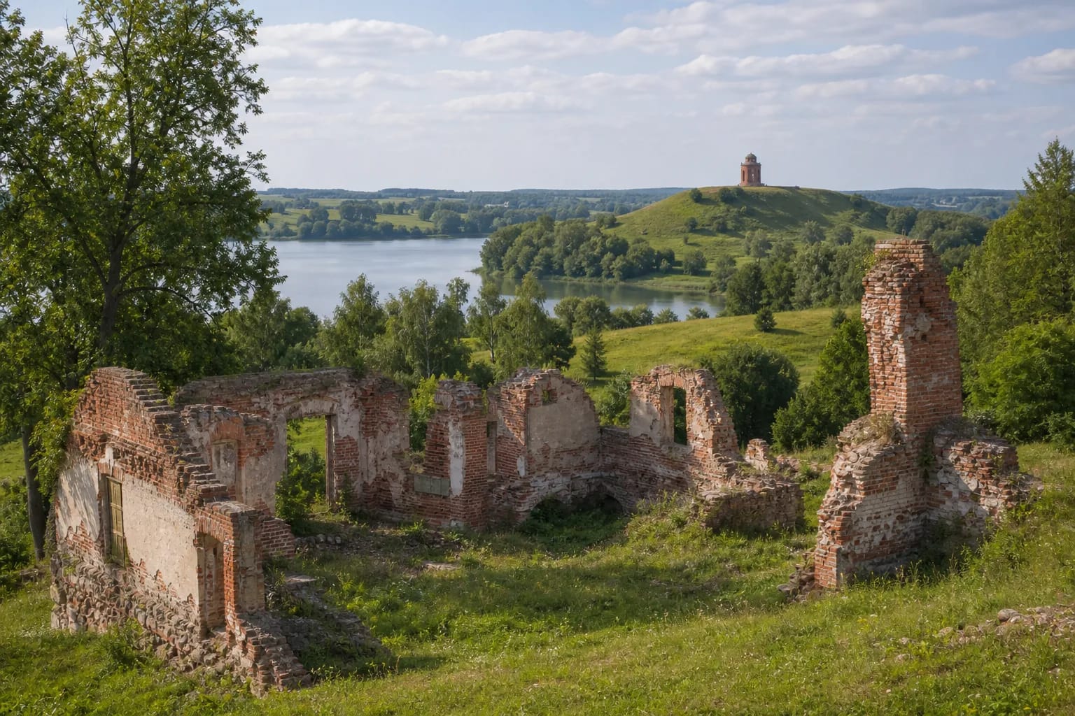 Red-brick remains of Pavandenė Manor by Lake Gludas in Varniai Regional Park