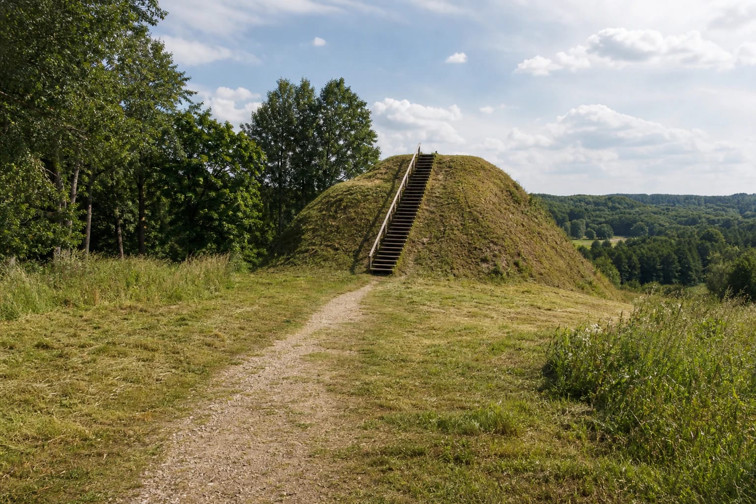 Grass-covered corner of Paverkniai Hillfort with timber stairs above the green Verknė valley