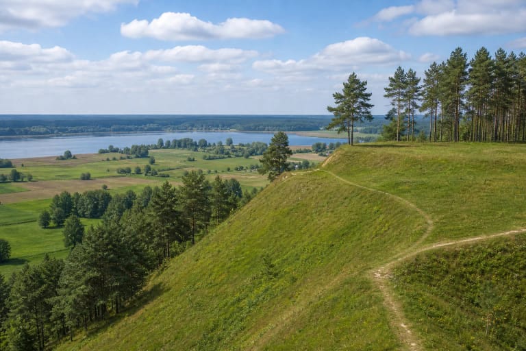 Triangular platform of Pavištytis Hillfort with a view toward Lake Vištytis in Suvalkija