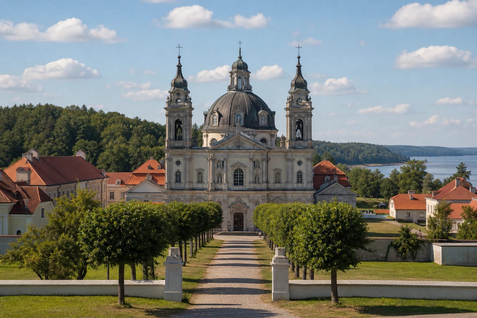 Pažaislis Monastery Baroque ensemble with two towers, central dome, and greenery by the Kaunas Reservoir