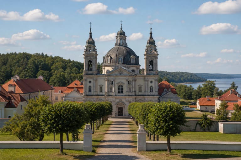 Pažaislio vienuolyno barokinis ansamblis su dviem bokštais, centriniu kupolu ir žaluma prie Kauno marių