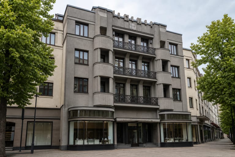 Pažangos rūmų Laisvės alėjoje pilkas fasadas su centriniais balkonais ir lenktais vitrininiais langais