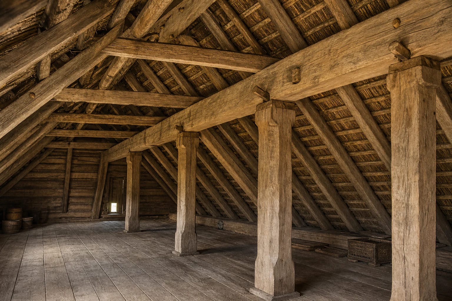 A kluonas with pėdinė roof structure, ground-set pėdžios, permetės, ožiukas, and a high hipped roof