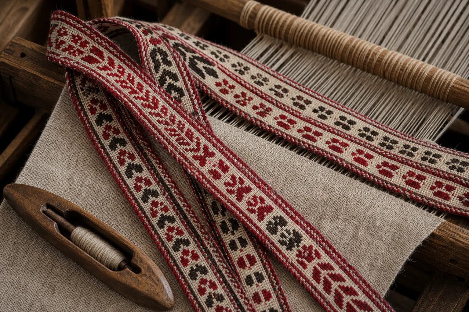 Footprint, cat-paw, and goat-hoof patterns in a Lithuanian sash on a loom.