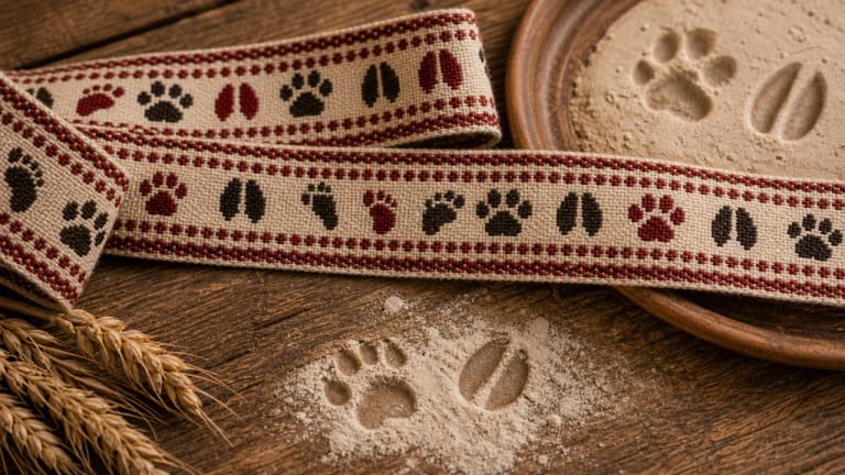 Little footprints, cat paws, and goat hooves in a Lithuanian textile pattern as animal tracks
