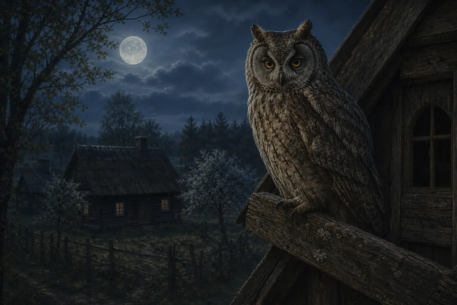 An owl in Lithuanian folklore as a night and fate bird hooting near the roof of a house