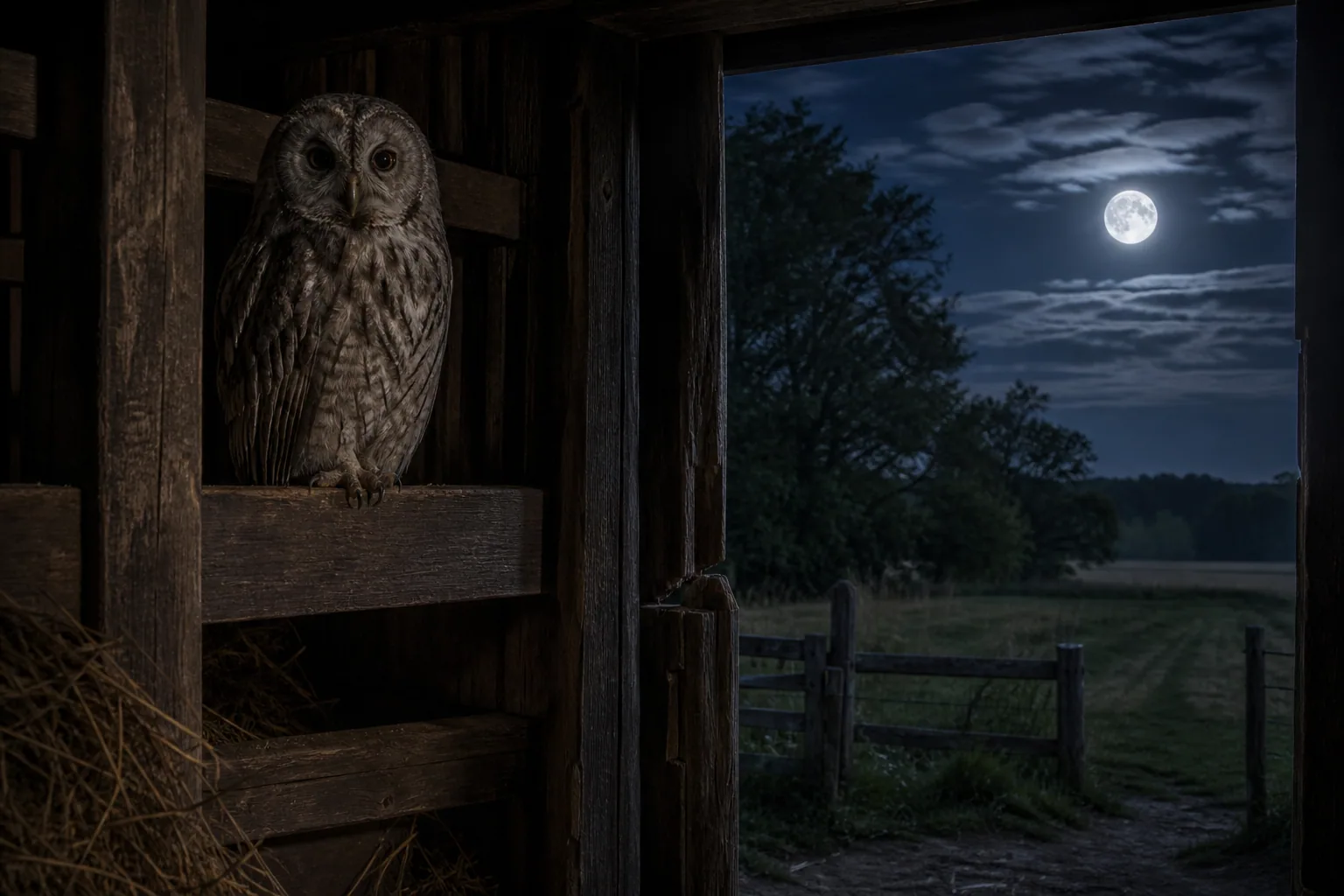 Owl on an old barn beam in a moonlit homestead.