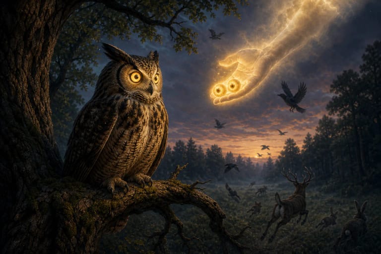 At the edge of night an owl receives large shining eyes from the hands of Dievas after other animals have already left