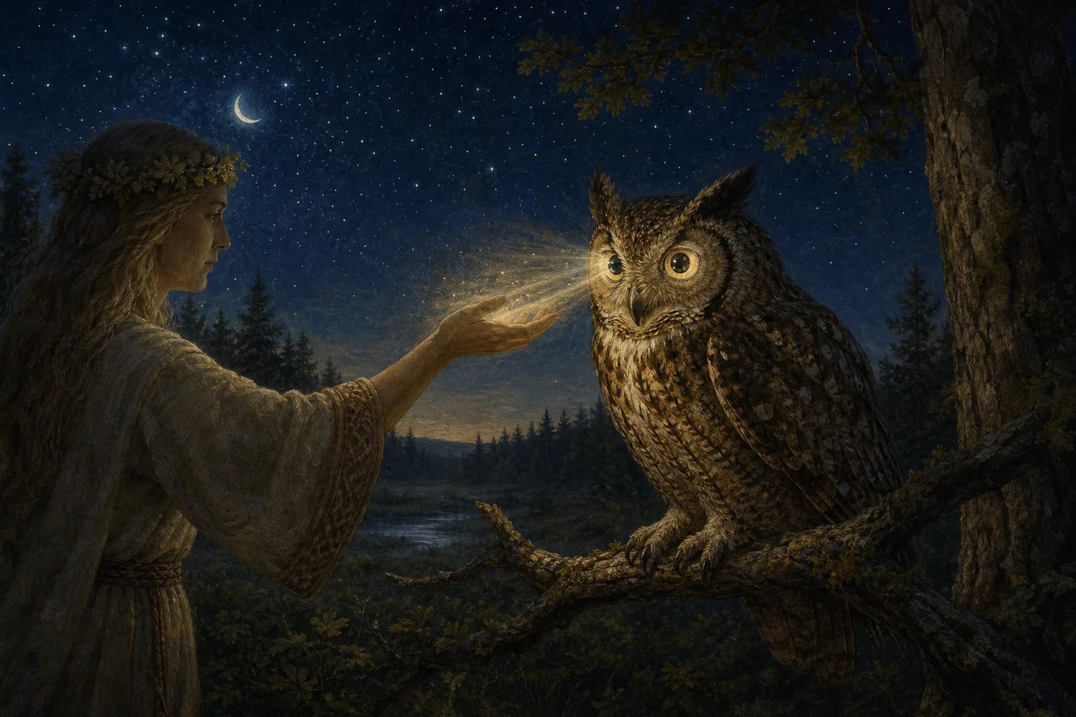 Why the Owl Has Night Eyes visual interpretation with distribution of eyes, the owl’s lateness, night vision motifs