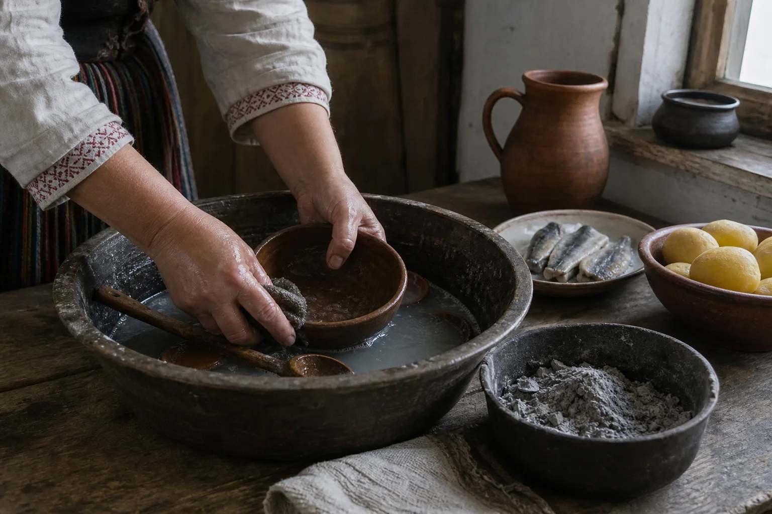 Greasy dishes being washed on Ash Wednesday after Uzgavenes