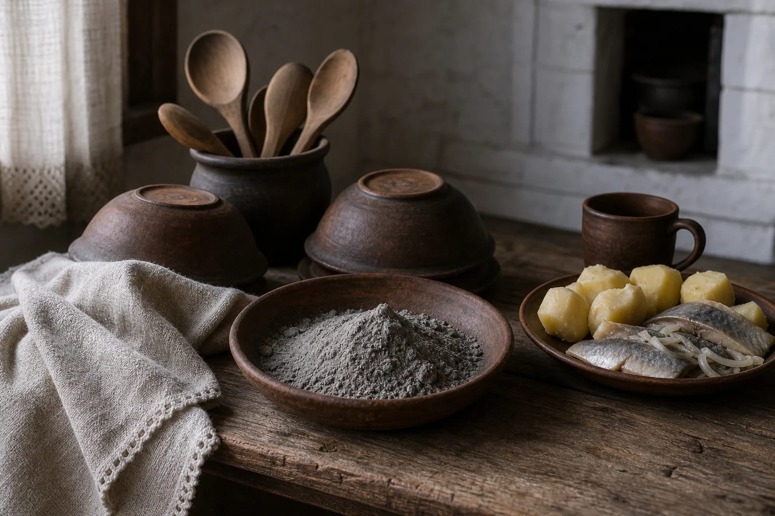 Ash Wednesday ashes, clean clay dishes, wooden spoons, herring, and potatoes on an old table