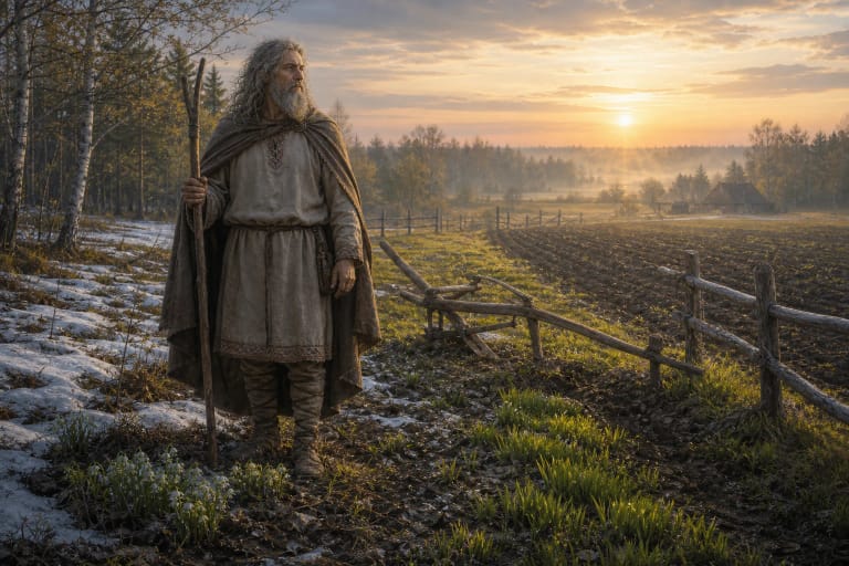 Pergrubrijus, Prussian spring god, awakens greenery over reviving fields