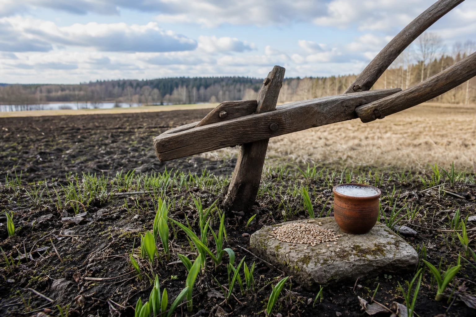 Spring shoots, plow, and offering for Pergrubrijus