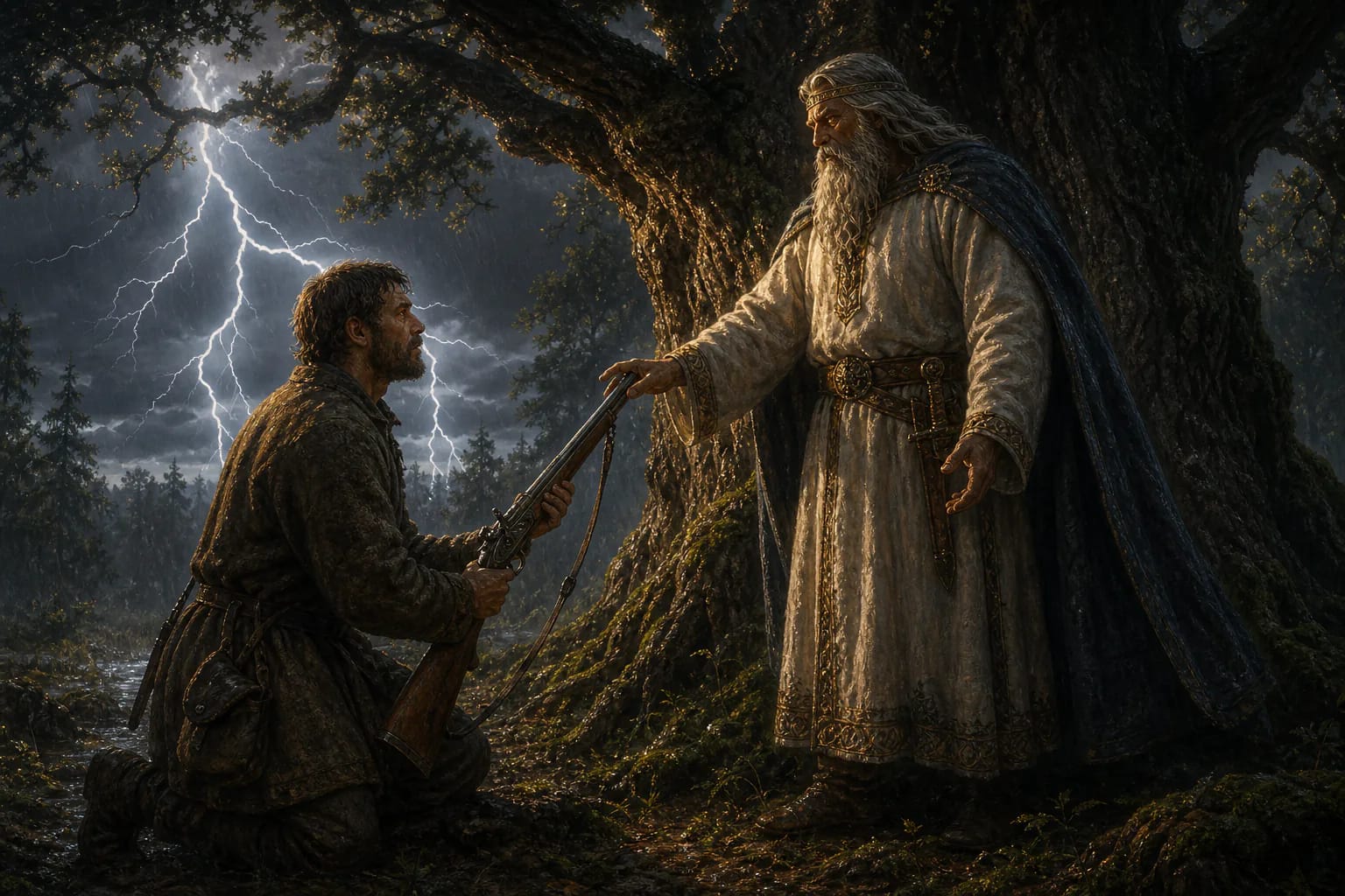 A hunter in a stormy forest meets powerful Perkūnas beneath lightning while holding an old gun