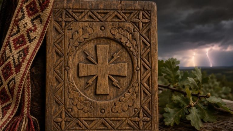 The Perkūnas Cross as a stylized Lithuanian folk-art sign on wood and textile