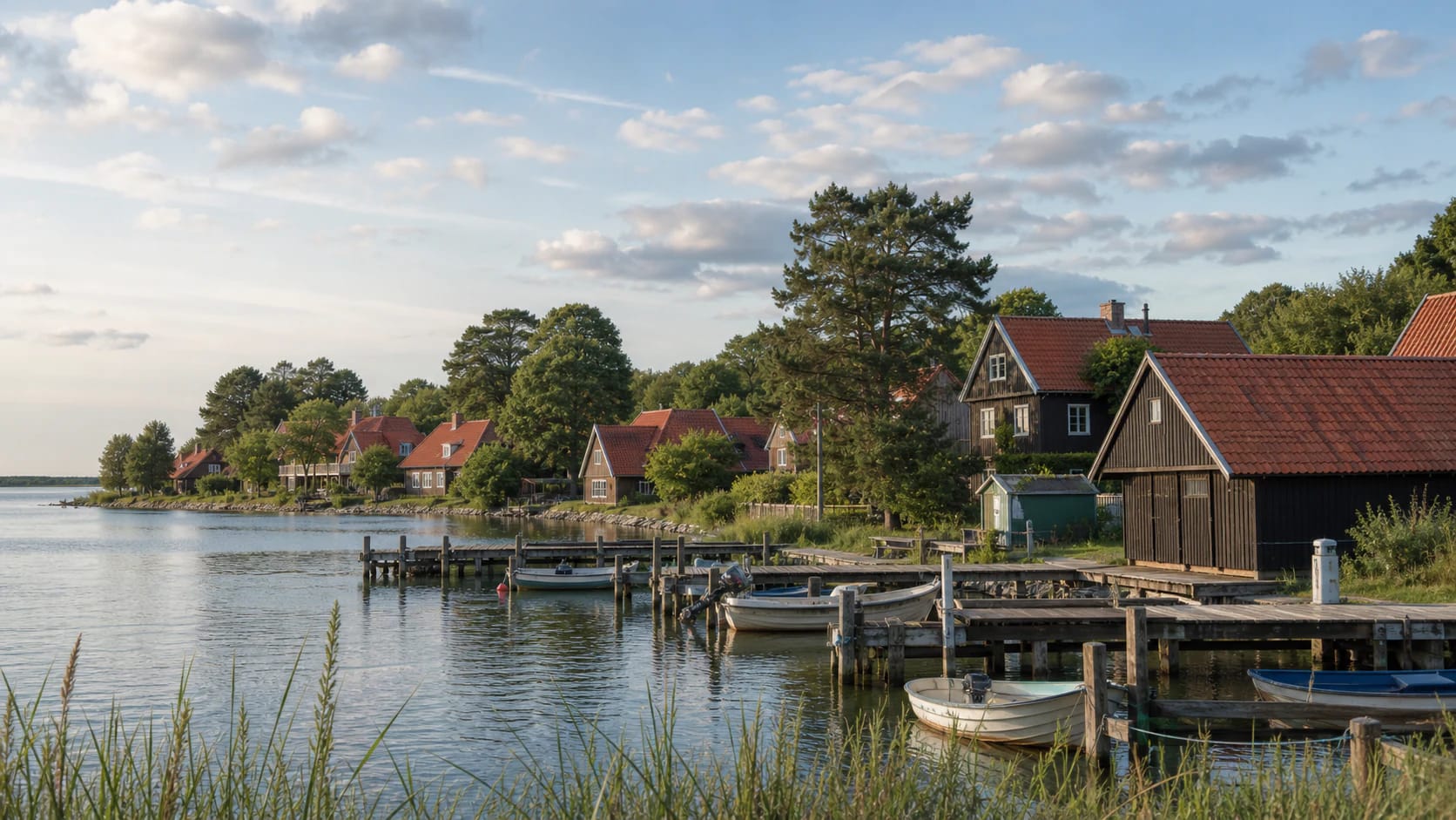 Pervalka Village by the Curonian Lagoon with wooden fishermen's houses and a quiet pier