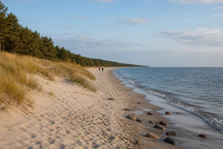 Quiet Pervalka Beach with pale sand, coastal grasses, pine forest, and stones beside Baltic waves