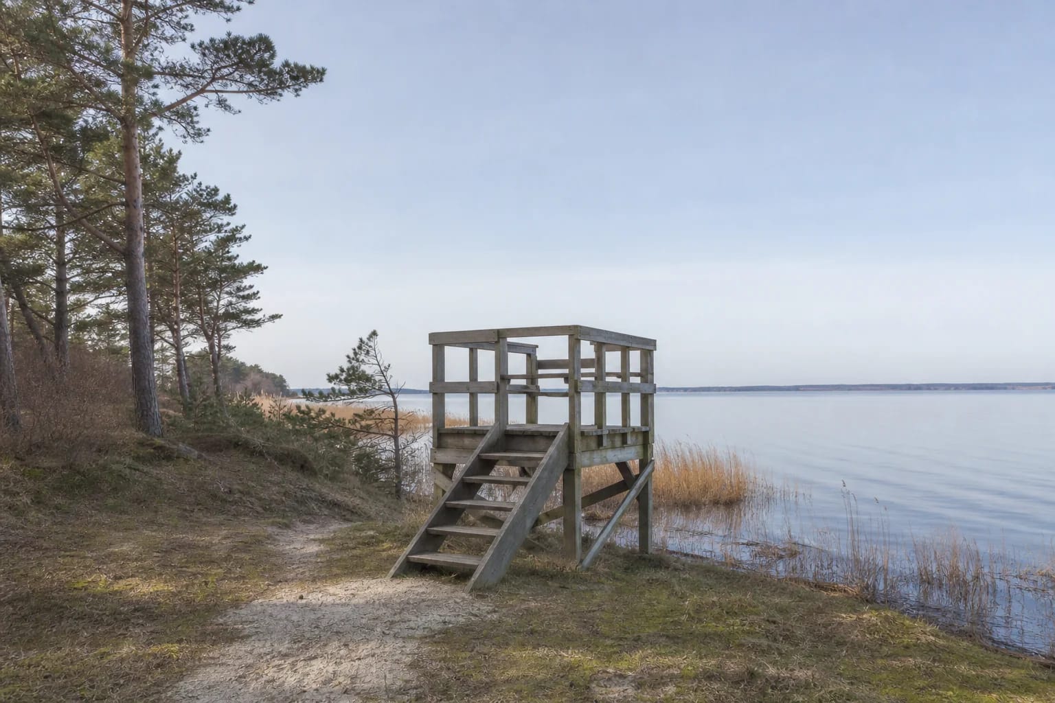 Small wooden Pervalka birdwatching tower at the reed edge overlooking the Curonian Lagoon