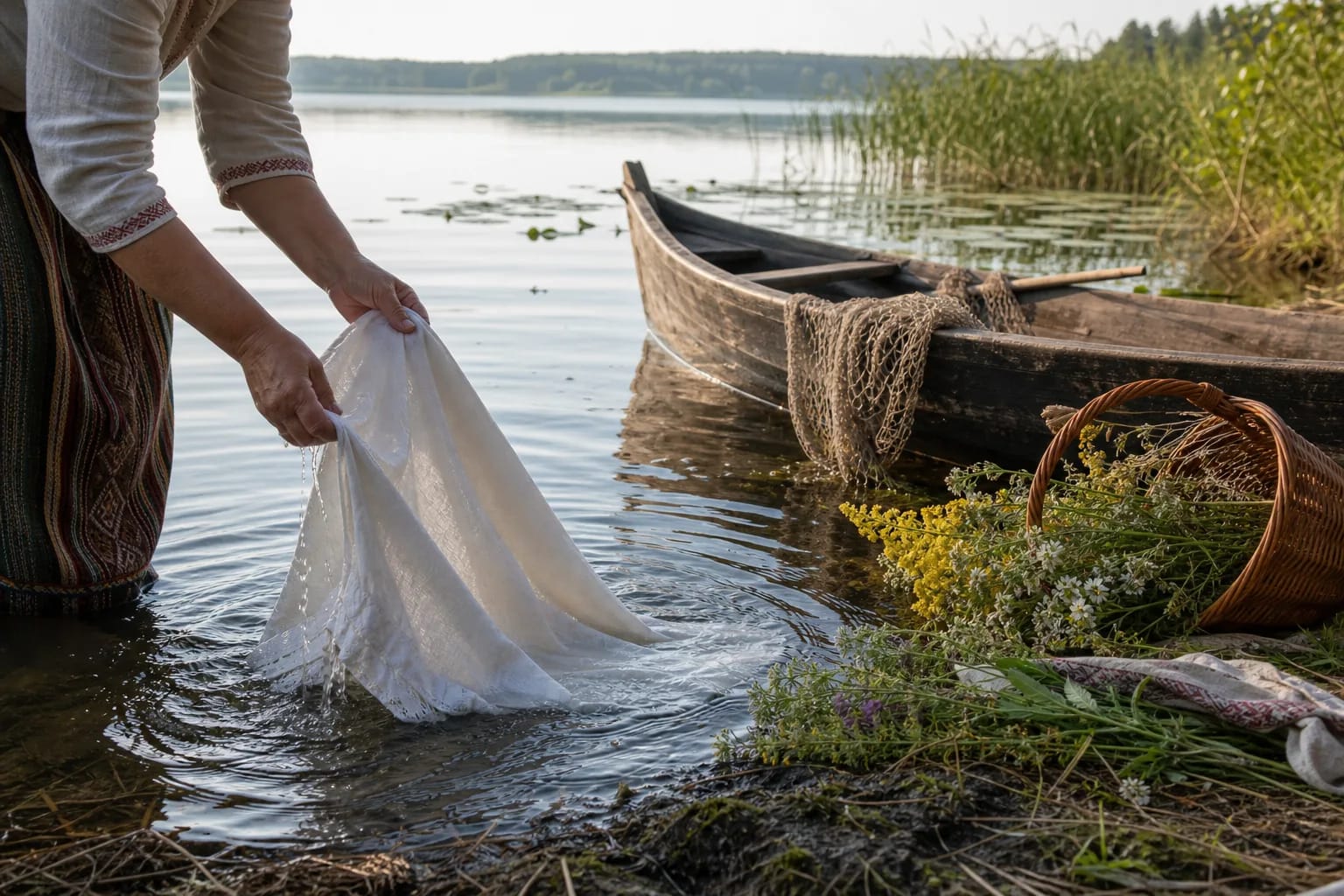 Linen being rinsed at a Petrines lakeshore beside a boat