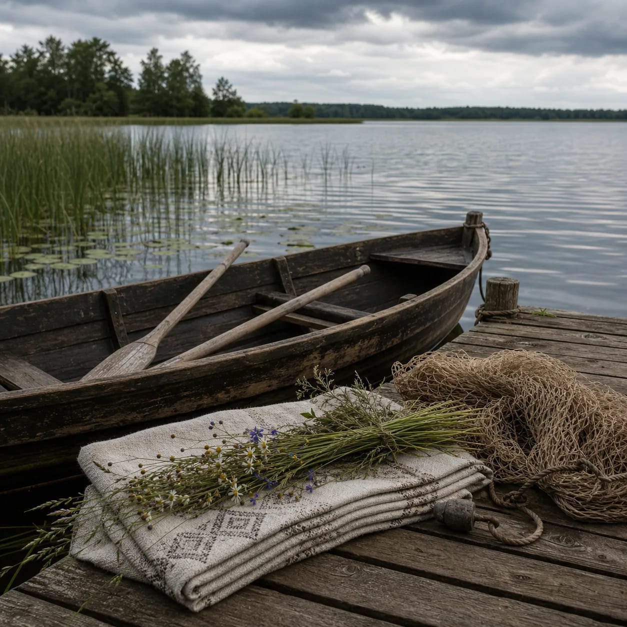 A Petrines lakeshore with a wooden boat, fishing net, linen cloth, and midsummer herbs