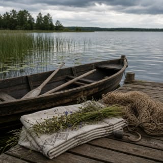 A Petrines lakeshore with a wooden boat, fishing net, linen cloth, and midsummer herbs
