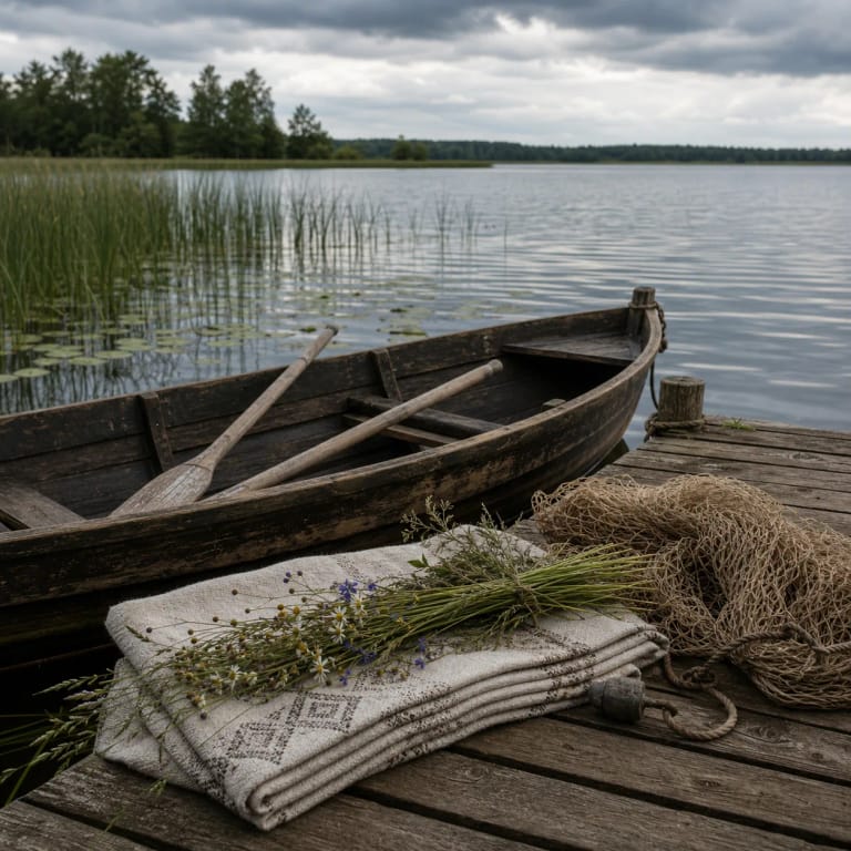 A Petrines lakeshore with a wooden boat, fishing net, linen cloth, and midsummer herbs