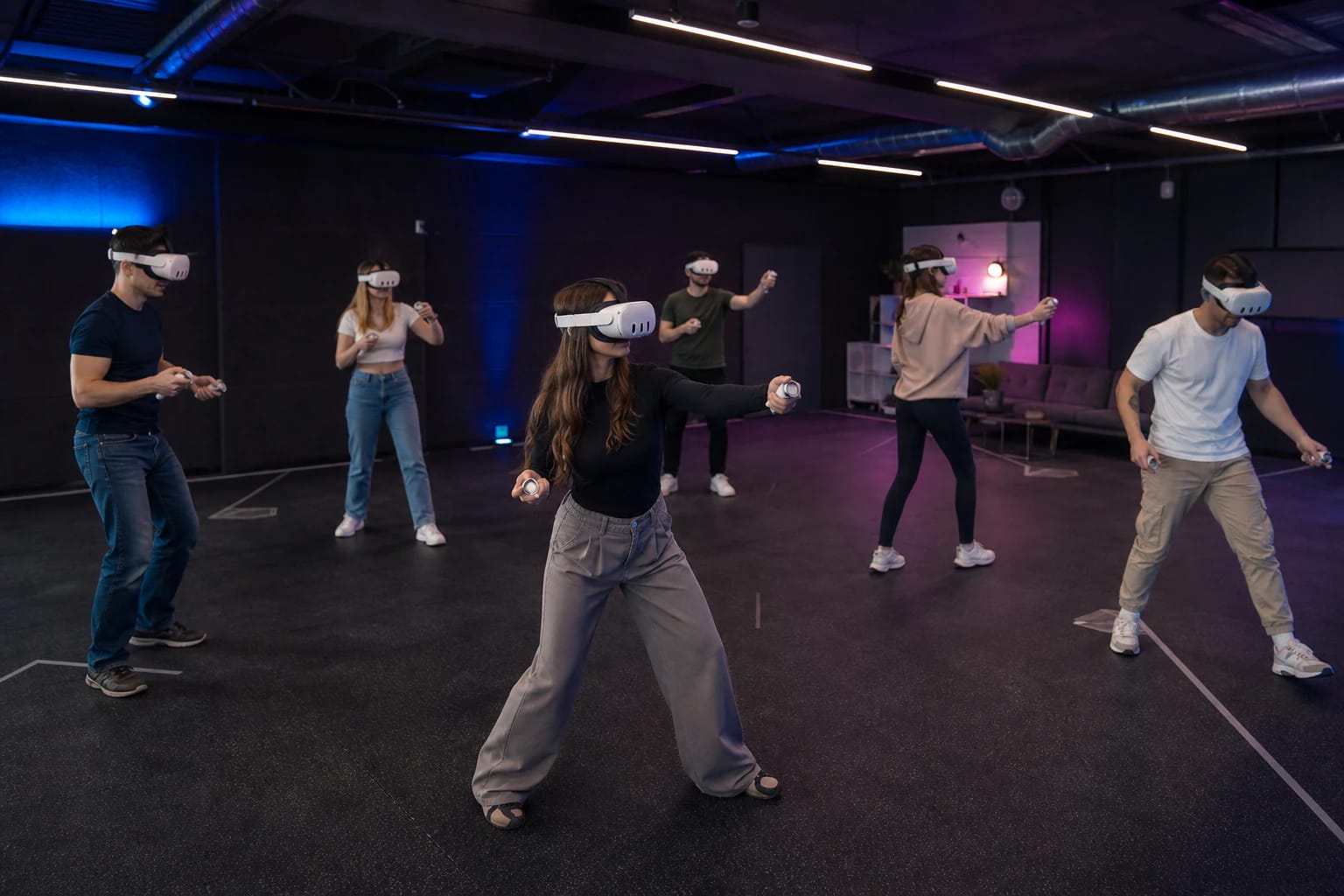 Laisvo judėjimo virtualios realybės arena su žaidėjais ir balta VR įranga