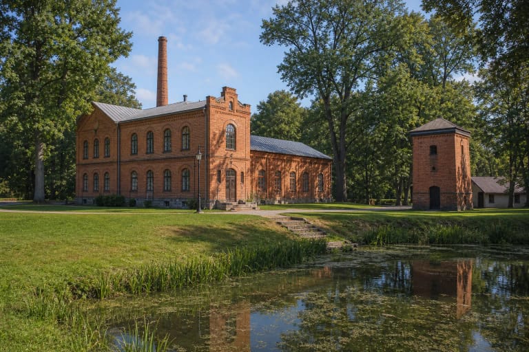 Pienionių dvaro spirito varykla ir peizažinis parkas prie tvenkinio Anykščių rajone