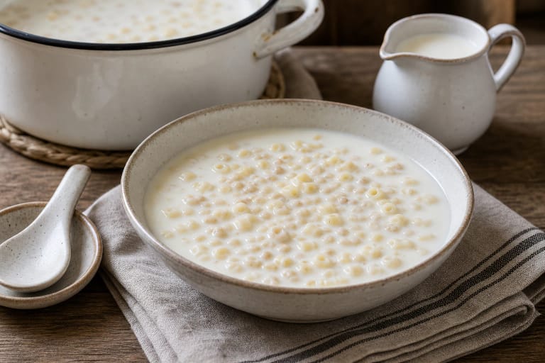 Milk soup in a white bowl with groats, potatoes, butter, and fresh milk in a clay jug