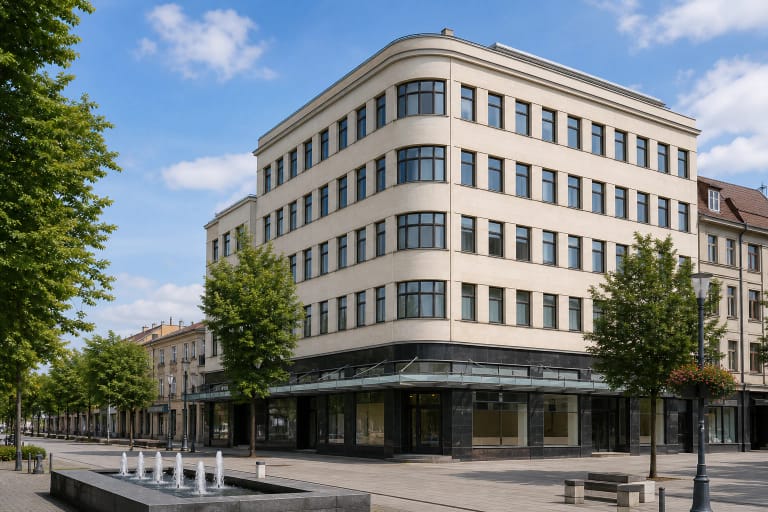 Pienocentro rūmų lenktas kampinis fasadas Laisvės alėjoje Kaune