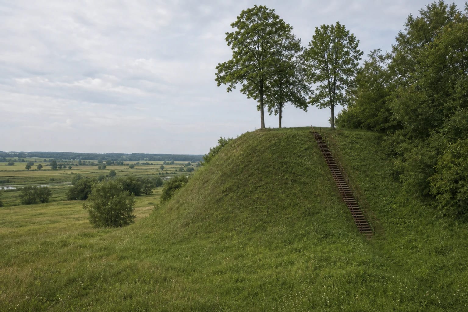 Green Piepaliai (Babtynas) Hillfort with a long stairway, three trees, and fields in the Nevėžis valley