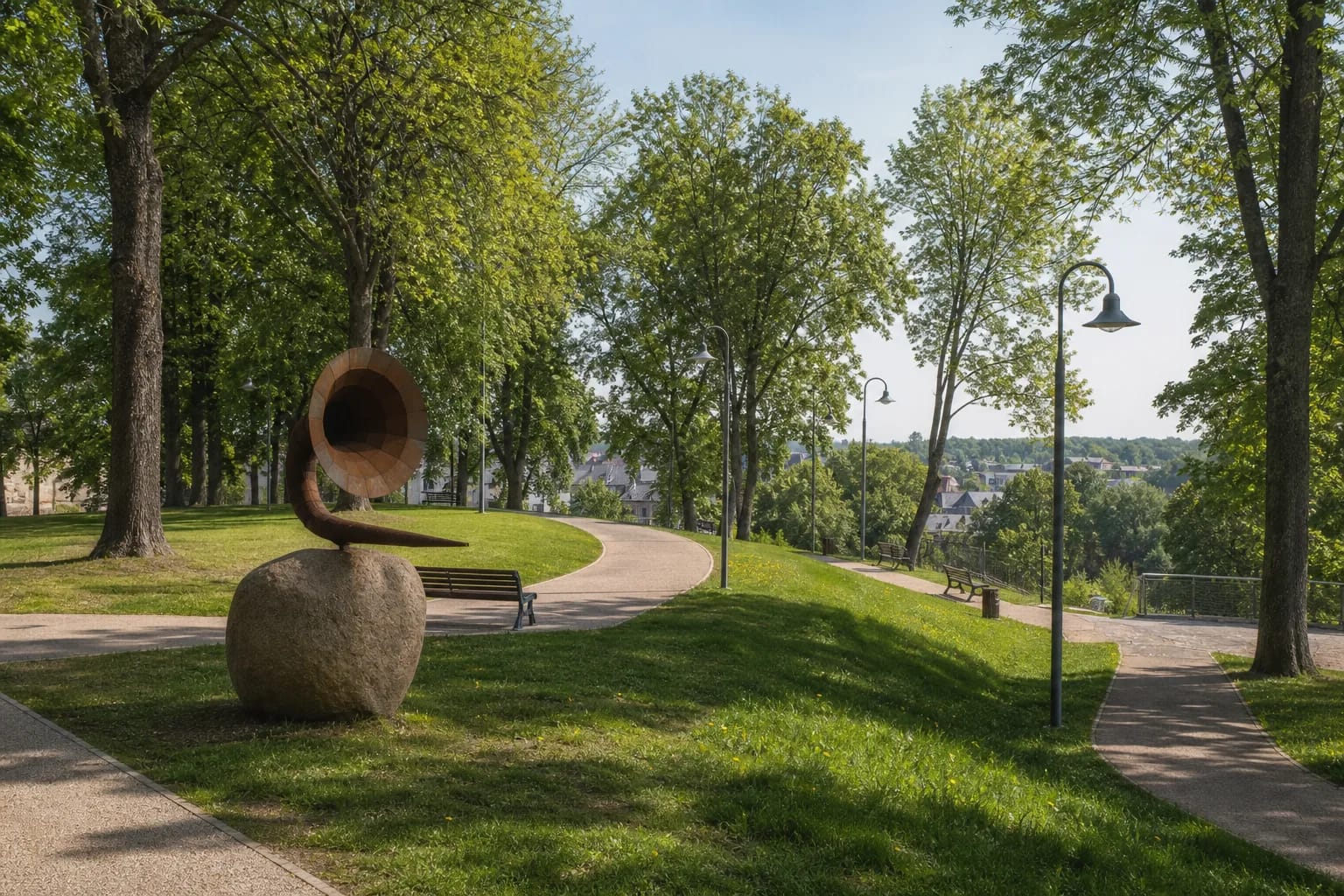 Rust-coloured outdoor music horn on a granite boulder beside curving paths and mature trees in Ukmergė Castle Park
