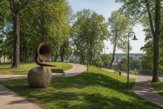 Rūdžių spalvos lauko muzikos ragas ant granito riedulio prie vingiuotų Pilies parko takų ir brandžių medžių