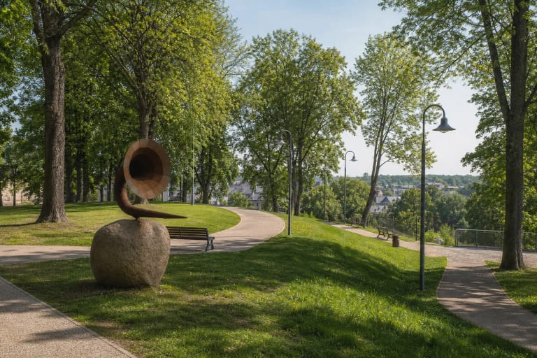 Rust-coloured outdoor music horn on a granite boulder beside curving paths and mature trees in Ukmergė Castle Park