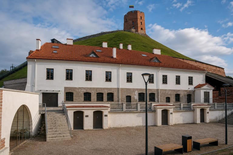 Restauruotas baltas Pilininko namas su raudonų čerpių stogu Gedimino kalno ir pilies bokšto papėdėje