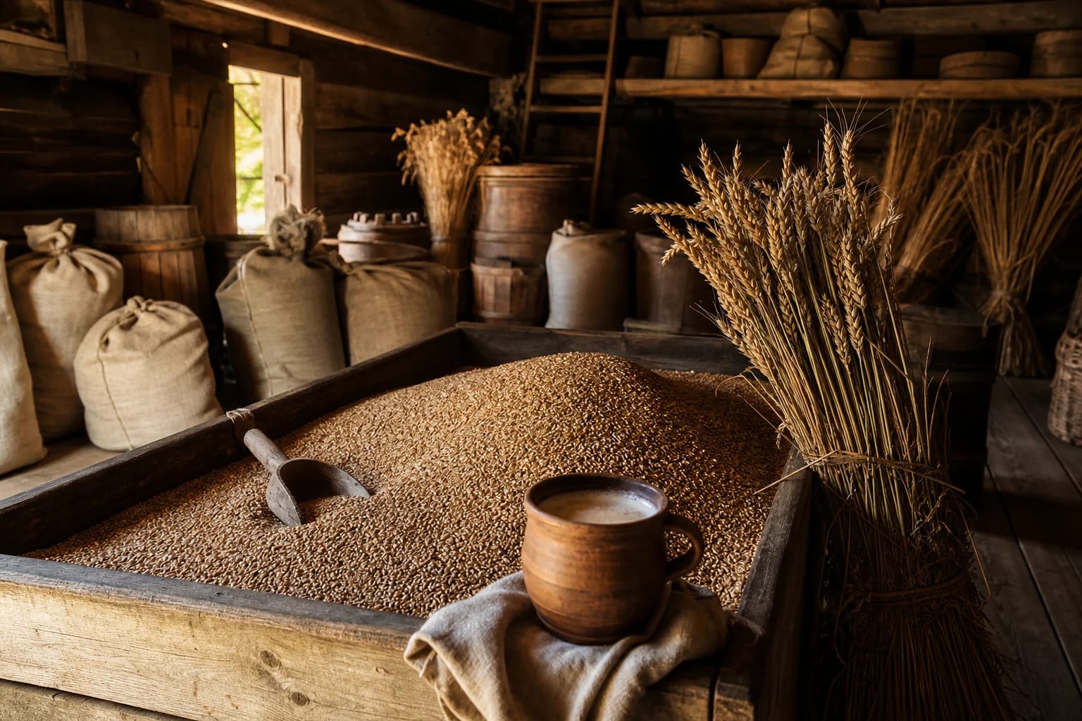 Full grain bins and rye sheaves for Pilvytis' abundance