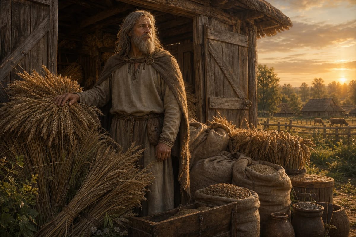 Pilvytis, Prussian god of wealth, beside a full grain barn with sheaves