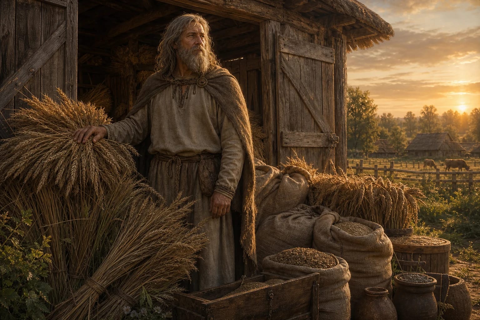 Pilvytis, Prussian god of wealth, beside a full grain barn with sheaves