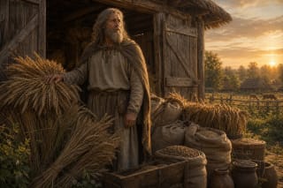 Pilvytis, Prussian god of wealth, beside a full grain barn with sheaves