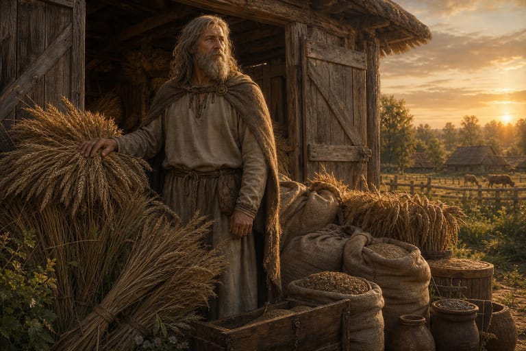 Pilvytis, Prussian god of wealth, beside a full grain barn with sheaves