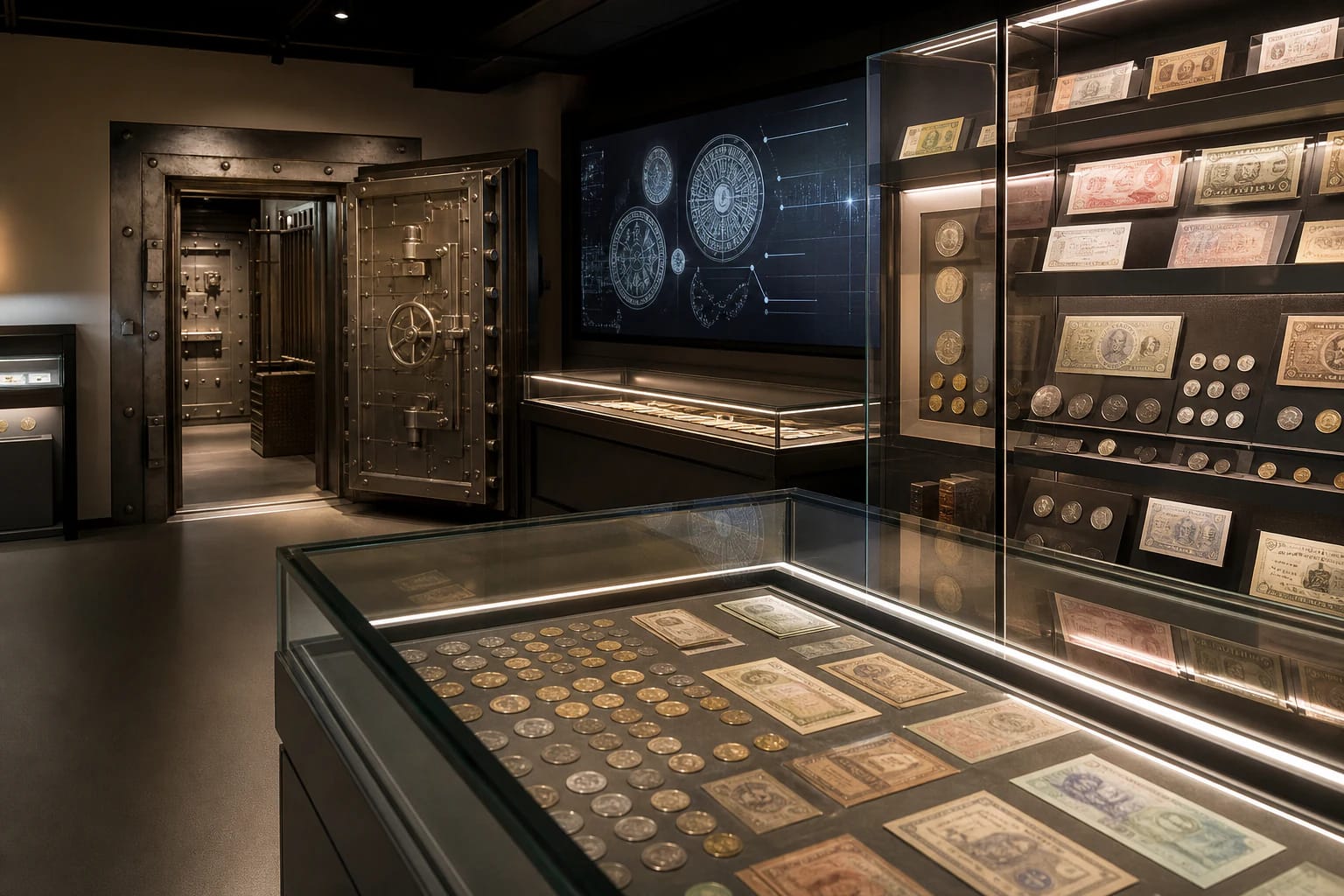 Money Museum exhibition in Vilnius with coins, banknotes, and interactive screens