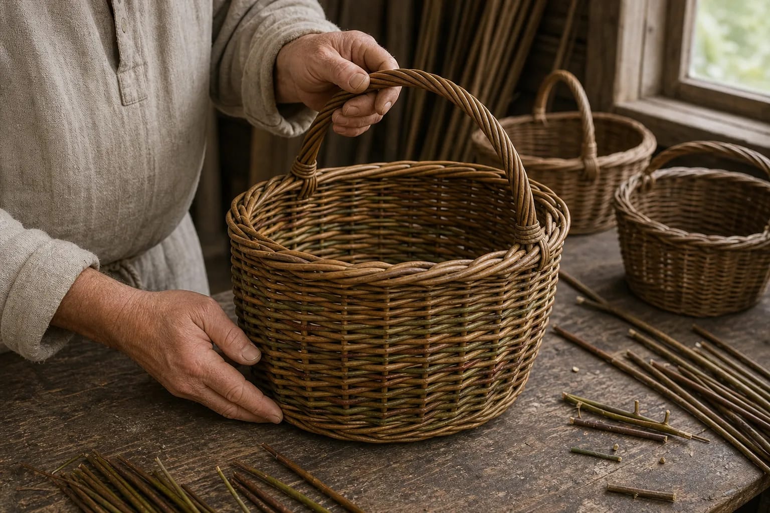A strong base, rim, and handle define a basket’s use.