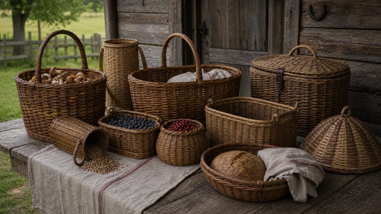Lithuanian woven baskets for mushrooms, berries, grain, bread, laundry, and market carrying