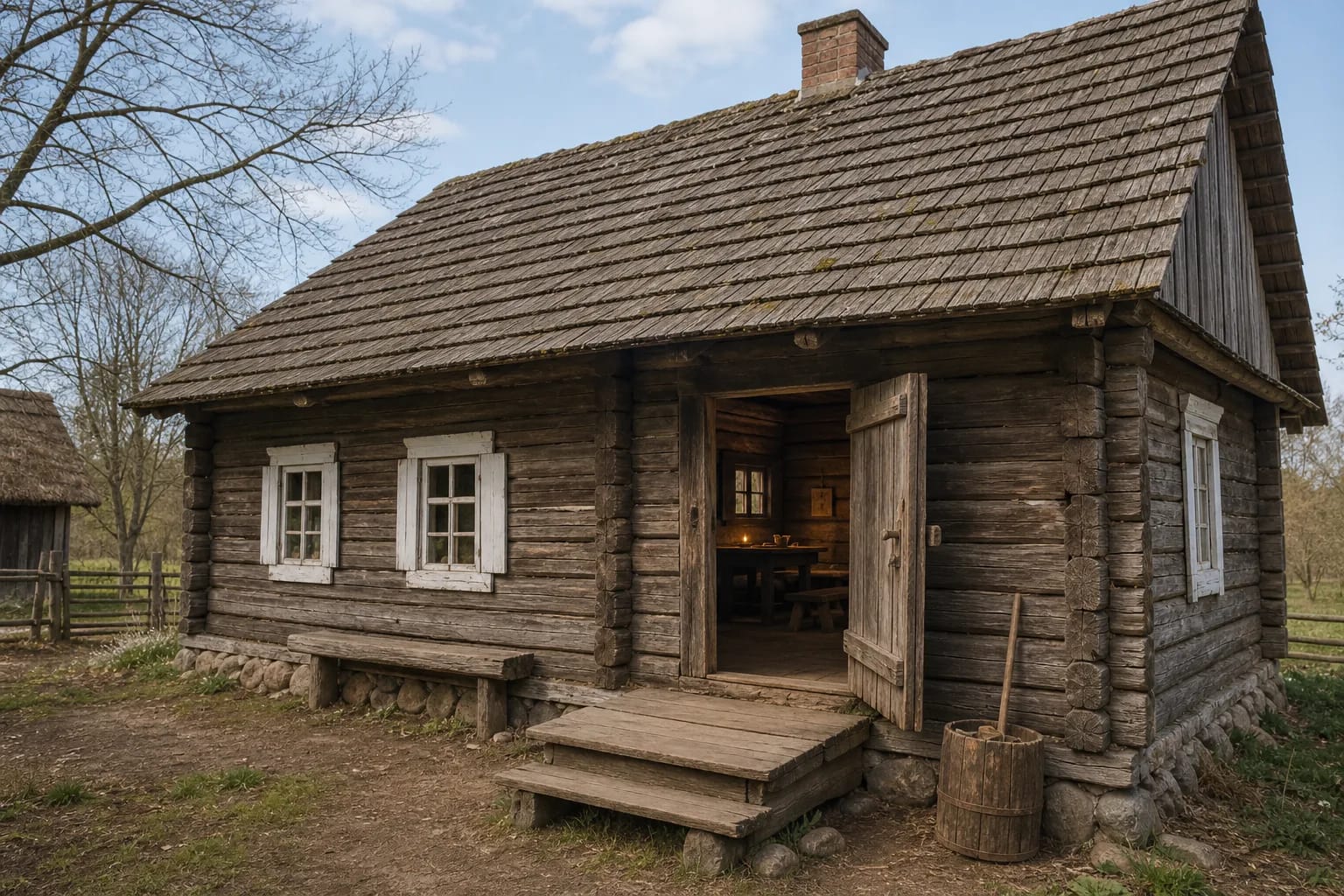 The pirkia form appears through log walls, small windows, and an entry porch.
