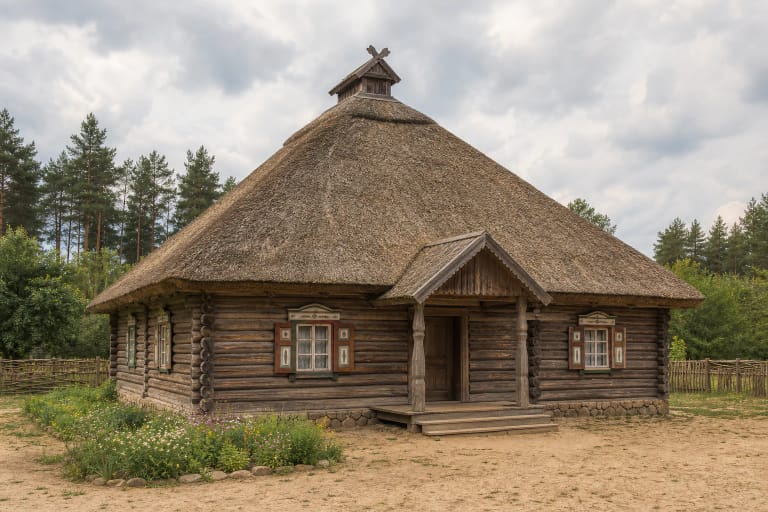 A traditional Dzūkija pirkia with log walls, hipped roof with smoke vent, shutters, and a small porch