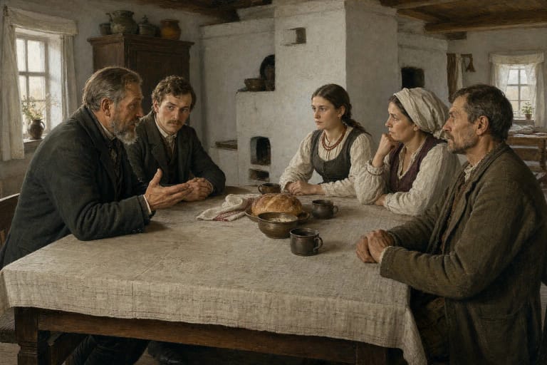 A pirslys and prospective groom speak with a young woman's family inside a late nineteenth-century Lithuanian farmhouse