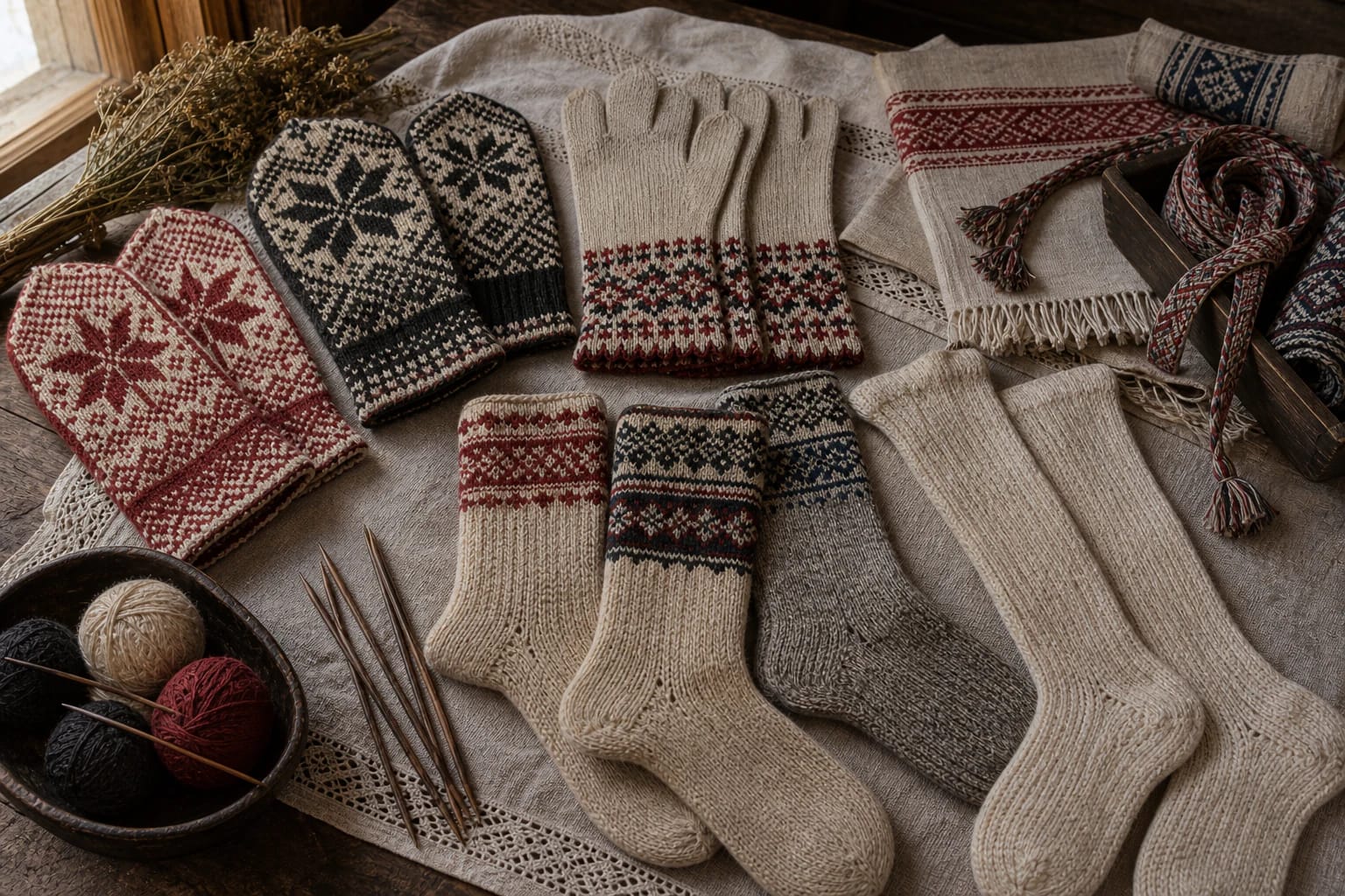 Lithuanian knitted gloves, socks, foot wraps, and ties with woolen patterns
