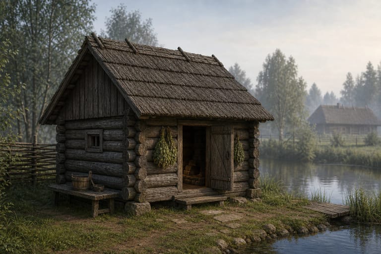 A traditional wooden pirtis beside a stream with log walls, stone stove, priepirtis, and steam-room plautai