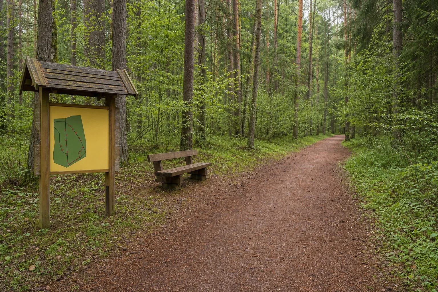 Timber-roofed yellow route diagram board beside a broad natural-surface path among pines and deciduous trees in Pivonija Forest