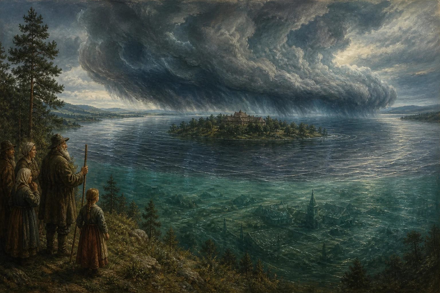 Legend of Lake Plateliai visual interpretation with arriving lake, broad rain, Castle Island motifs